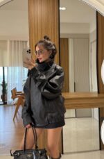 Black leather stand collar jacket - Image 4