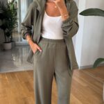 Khaki green zip up set with wide leg pants