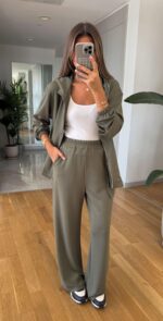 Khaki green zip up set with wide leg pants