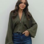 Khaki olive zip up knit cardigan