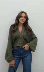 Khaki olive zip up knit cardigan