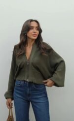 Khaki olive zip up knit cardigan - Image 2
