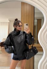 Black leather stand collar jacket - Image 3