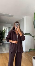 Brown zip up set with wide leg pants