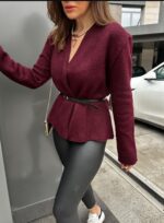 Burgundy belted wrap sweater - Image 4