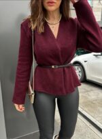 Burgundy belted wrap sweater - Image 3