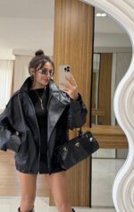 Black leather stand collar jacket