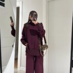 Burgundy relaxed-fit turtle neck sweater and wide-leg pants set