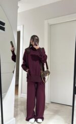 Burgundy relaxed-fit turtle neck sweater and wide-leg pants set