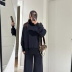 Black relaxed-fit turtle neck sweater and wide-leg pants set