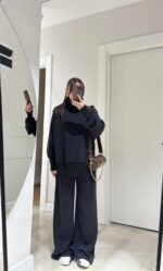 Black relaxed-fit turtle neck sweater and wide-leg pants set