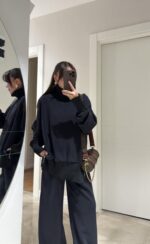 Black relaxed-fit turtle neck sweater and wide-leg pants set - Image 3