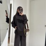 Brown relaxed-fit turtle neck sweater and wide-leg pants set