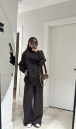 Brown relaxed-fit turtle neck sweater and wide-leg pants set