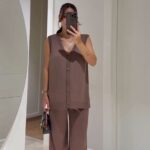 Brown sleeveless vest and wide leg pants set