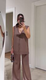 Brown sleeveless vest and wide leg pants set - Image 2