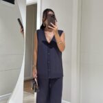 Navy blue sleeveless vest and wide leg pants set