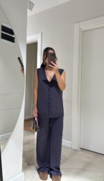 Navy blue sleeveless vest and wide leg pants set