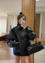 Black leather stand collar jacket - Image 2