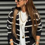 Black and white striped knit cardigan