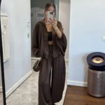 Brown satin effect two-piece set