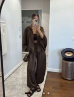 Brown satin effect two-piece set