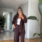 Brown cotton two - piece set