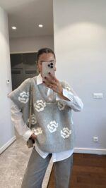 White oversized shirt with grey knit vest