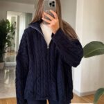 Navy cable knit half zip sweater