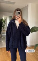 Navy cable knit half zip sweater