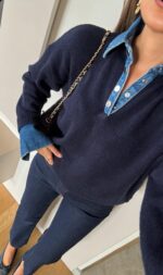 Navy Blue knit sweater with denim collar and cuffs - Image 3