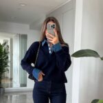 Navy Blue knit sweater with denim collar and cuffs