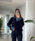 Navy Blue knit sweater with denim collar and cuffs