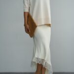 White satin slip skirt with lace trim