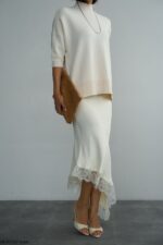 White satin slip skirt with lace trim