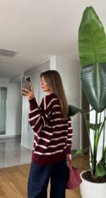 Burgundy striped knit cardigan - Image 2