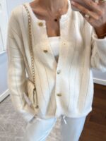 Off white striped cardigan with gold buttons - Image 3