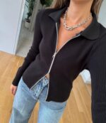 Black ribbed zip-up collared top - Image 3