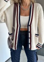 Cream knit cardigan with striped trim and front pockets - Image 5
