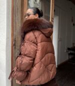 Brown puffer jacket with fur collar - Image 2