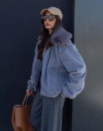 Grey bomber jacket with faux fur collar - Image 3