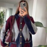 Multi-color fuzzy argyle cardigan