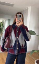 Multi-color fuzzy argyle cardigan