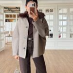 Greige jacket with fur collar