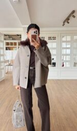 Greige jacket with fur collar