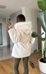 Off white faux fur jacket with hood - Image 2