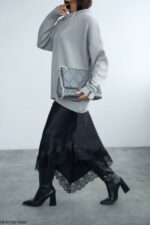 Black satin slip skirt with lace trim - Image 2