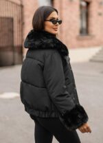 Black puffer jacket with black fur trim - Image 2