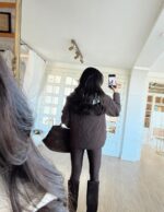 Brown quilted jacket with a white lined-hood - Image 2