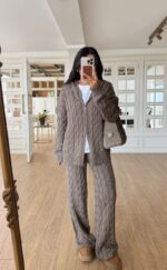 Soft cable-knit set with zip sweater and wide leg pants